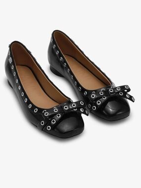 Ganni Black Patent Bow Flats with Silver Eyelets